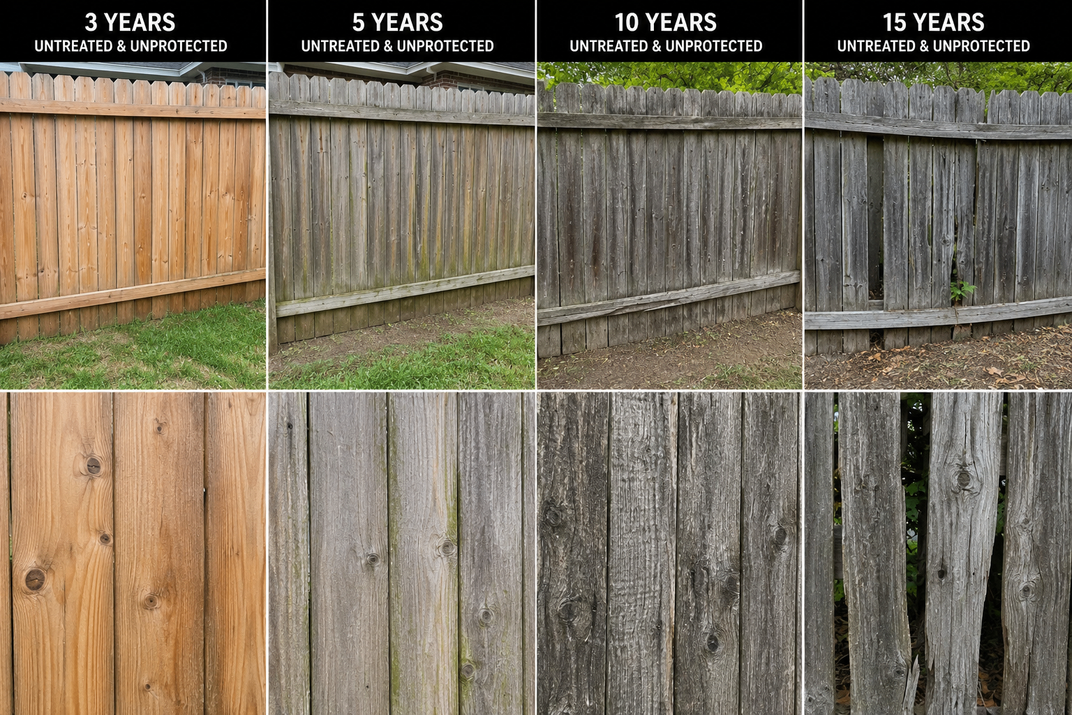 Fence aging comparison: 3, 5, 10, 15 years untreated