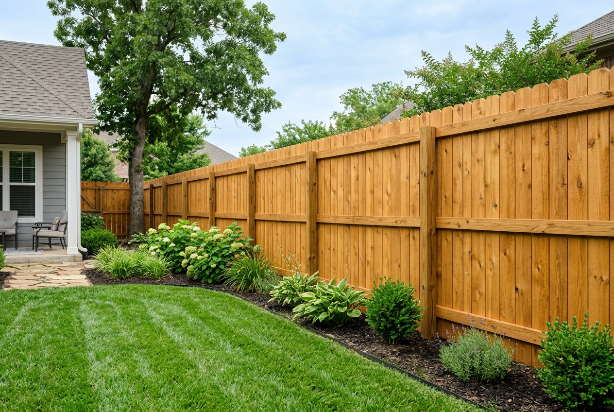 Restored cedar privacy fence in Rogers, Arkansas backyard